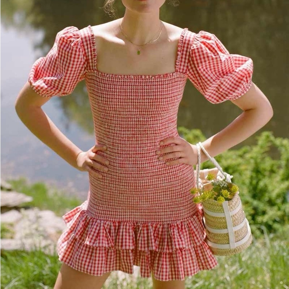 Bytimo Red Gingham Smocked Mini Dress Puff Sleeve Ruffle Hem Romantic